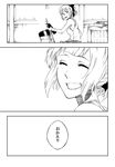  :d ^_^ closed_eyes comic greyscale hair_ribbon highres kantai_collection kofunami_nana kubo_taito_(style) machinery monochrome open_mouth ribbon short_ponytail smile tank_top toolbox translated wristband yuubari_(kantai_collection) 