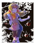  ahoge bandana bear blonde_hair breasts commentary dark_background goldilocks_and_the_three_bears grimm hair_ribbon iesupa purple_eyes ribbon rwby short_twintails small_breasts twintails ursa_(rwby) yang_xiao_long younger 