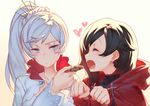  black_hair blue_eyes blush cloak closed_eyes cookie cross drooling feeding food hair_flaps hair_ornament hair_scrunchie heart hood hooded_cloak izumi_sai long_hair multiple_girls open_mouth paw_pose ponytail pout ruby_rose rwby scar scar_across_eye scrunchie short_hair smile weiss_schnee white_hair 