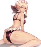  arm_support artoria_pendragon_(all) artoria_pendragon_(swimsuit_rider_alter) ass bangs bikini black_bikini blonde_hair blush breasts commentary fate/grand_order fate_(series) feet_out_of_frame frilled_bikini frills highres legs looking_at_viewer looking_back maid_headdress medium_breasts ribbon shadow sidelocks simple_background sitting solo sookmo sweatdrop swimsuit wariza white_background yellow_eyes 