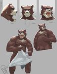  2015 angry anthro bear belly biceps big_muscles black_eyes black_nose brown_fur chest_tuft crotch_tuft fur grey_background grizzly_bear hi_res juuichi_mikazuki loverslessthanthree male mammal morenatsu multicolored_fur musclegut muscular muscular_male nipples nude open_mouth overweight pose simple_background slightly_chubby smile smirk solo tan_fur teeth tongue towel tuft two_tone_fur yelling 