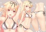  anchor arched_back armpits arms_up ass bangs bikini black_ribbon blonde_hair blush breasts closed_mouth collarbone dan_(kumadan) eyebrows_visible_through_hair hair_flaps hair_ornament hair_ribbon hairclip hand_on_own_chest jpeg_artifacts kantai_collection long_hair looking_at_viewer medium_breasts multiple_views navel open_mouth red_eyes remodel_(kantai_collection) ribbon sample side-tie_bikini sidelocks smile swimsuit teeth thighs white_bikini yuudachi_(kantai_collection) 