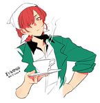  apron bishounen_series closed_mouth copyright_name cropped_torso cup dated expressionless fukuroi_mitsuru hair_over_one_eye hand_on_hip kinako_(marubotan) looking_at_viewer male_focus plate red_eyes red_hair simple_background solo upper_body white_background 