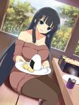  bare_shoulders black_hair blue_eyes blush breasts cleavage collarbone food highres ikaruga_(senran_kagura) large_breasts long_hair looking_at_viewer no_bra obentou off-shoulder_sweater official_art onigiri open_mouth pantyhose plate senran_kagura senran_kagura_shoujo-tachi_no_shin'ei sitting smile solo sweater tea very_long_hair yaegashi_nan 