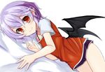  akisome_hatsuka bare_arms bat_wings bed_sheet boyshorts closed_mouth hair_between_eyes lavender_hair looking_at_viewer lying on_side pointy_ears red_eyes remilia_scarlet shirt smile solo touhou wings 