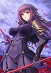  :o bangs bodysuit breasts commentary_request covered_navel cowboy_shot dual_wielding fate/grand_order fate_(series) flower gae_bolg hair_intakes holding holding_weapon large_breasts long_hair looking_at_viewer pauldrons polearm purple_bodysuit purple_hair red_eyes scathach_(fate)_(all) scathach_(fate/grand_order) solo spear spider_lily v-shaped_eyebrows veil weapon youshuu 