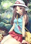  blue_(pokemon) breasts brown_hair e-co hat long_hair medium_breasts open_mouth pleated_skirt pokemon pokemon_(game) pokemon_frlg porkpie_hat red_skirt shirt sidelocks skirt sleeveless sleeveless_shirt smile solo 