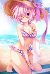  :d bangle bangs barefoot beach bikini blue_sky bracelet breasts cleavage cloud collarbone day eyebrows_visible_through_hair fate/grand_order fate_(series) flower frilled_bikini frills glasses hair_ornament hair_over_one_eye hairclip halterneck hat hat_ribbon holding holding_towel horizon jewelry kneeling looking_at_viewer mash_kyrielight medium_breasts nogi_takayoshi ocean open_mouth outdoors pink_hair purple_bikini purple_eyes purple_ribbon ribbon side-tie_bikini sky smile solo straw_hat sun_hat sunlight swimsuit towel water wet white_towel 