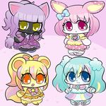  4girls artist_request bear blonde_hair dog furry multicolored_hair multiple_girls orange-eyes pink_hair purple_hair rabbit red_eyes teal_eyes yellow_eyes 