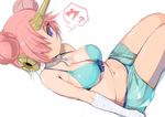  bandaged_arm bandages bikini blue_bikini blue_eyes breasts cleavage double_bun fate/apocrypha fate/grand_order fate_(series) frankenstein's_monster_(fate) frankenstein's_monster_(swimsuit_saber)_(fate) hair_over_one_eye horn large_breasts p_answer pink_hair shorts simple_background sitting solo swimsuit white_background 