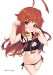  :&lt; ahoge animal_costume bangs bell bell_choker black_panties blush breasts brown_eyes brown_hair cat_costume cat_lingerie choker cleavage cleavage_cutout cropped_legs dated huge_ahoge jingle_bell kantai_collection kuma_(kantai_collection) long_hair looking_at_viewer lowleg lowleg_panties medium_breasts meme_attire mokyutan navel panties paw_pose side-tie_panties simple_background solo stomach underwear white_background 