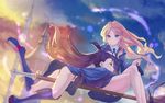  aile/koushi blonde_hair blush boots broom broom_riding brown_eyes brown_hair crossed_legs diana_cavendish hug kagari_atsuko knee_boots legs little_witch_academia long_hair multiple_girls multiple_riders panties petting sidesaddle smile thighs underwear waist_hug 