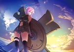  :d armor ass_visible_through_thighs bare_shoulders black_legwear blue_sky breasts cloud elbow_gloves fate/grand_order fate_(series) gloves hair_over_one_eye mash_kyrielight medium_breasts navel nilitsu ocean open_mouth purple_eyes purple_hair shield short_hair sky smile solo sunrise thighhighs 