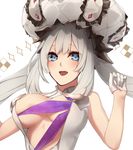  :d alternate_breast_size blue_eyes blush breasts cleavage enosan fate/grand_order fate_(series) gloves grey_hair hat highres large_breasts long_hair looking_at_viewer marie_antoinette_(fate/grand_order) open_mouth simple_background smile solo teeth white_background white_gloves 