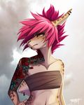  2017 amber_eyes anthro clothed clothing day female fin fin_piercing fish furgonomics furry-specific_piercing hair marine navel outside piercing pink_hair shark solo wolfirry 