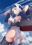  ainu ainu_clothes ass blue_eyes blue_headband breasts chain cloud cloudy_sky cropped_jacket day folded_ponytail hair_between_eyes headband kamoi_(kantai_collection) kantai_collection large_breasts long_hair mku open_mouth panties pelvic_curtain sidelocks sky solo underwear white_hair 