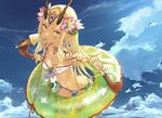  :p ass_visible_through_thighs bandeau bare_shoulders bikini blonde_hair blue_sky breasts butt_crack cleavage cloud cloudy_sky commentary_request cowboy_shot day earrings facial_mark fate/grand_order fate_(series) flower food from_above front-tie_bikini front-tie_top green_innertube hair_flower hair_ornament highres horns ibaraki_douji_(fate/grand_order) ice_cream ice_cream_cone innertube jewelry leaning_forward long_hair looking_at_viewer looking_up md5_mismatch navel redjuice revision side-tie_bikini sidelocks sky small_breasts solo swimsuit tattoo tongue tongue_out very_long_hair yellow_eyes 
