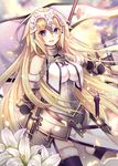  armor armored_dress bangs bare_shoulders black_legwear blonde_hair breasts chain commentary_request cowboy_shot fate/apocrypha fate_(series) faulds flag flower fur_trim headpiece jeanne_d'arc_(fate) jeanne_d'arc_(fate)_(all) large_breasts long_hair looking_at_viewer nozomi_fuuten parted_lips purple_eyes smile solo thighhighs very_long_hair 