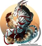  blackchaos666 blue_eyes charr claws clothed clothing duo embrace entwined_tails fangs feline female fur guild_wars horn kissing larger_male male male/female mammal mane multi_ear ribbons size_difference smaller_female striped_fur stripes topless video_games watermark 