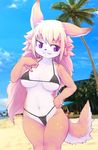  1girl animal_ears areola_slip areolae beach bikini black_bikini blonde_hair blush bracelet breasts cameltoe cleavage cloud collarbone dog_ears dog_tail erect_nipples furry half-closed_eyes hand_on_hip hand_up highres kimubota large_breasts long_hair looking_away looking_to_the_side micro_bikini navel no_humans ocean original palm_tree purple_eyes sky smile solo standing sweat swimsuit tail tree underboob water 