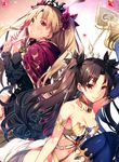  bangs bare_shoulders black_hair blonde_hair blue_legwear blush bow breasts cleavage cloak closed_mouth collarbone commentary_request cut_(bu-kunn) detached_sleeves ereshkigal_(fate/grand_order) eyebrows_visible_through_hair fate/grand_order fate_(series) floating_hair gem hair_bow hand_up highres ishtar_(fate/grand_order) knee_up long_hair long_sleeves medium_breasts multiple_girls navel parted_bangs purple_bow red_eyes revealing_clothes single_sleeve smile sweatdrop thighhighs thighs twintails two_side_up wavy_hair 