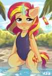  2017 absurd_res blush clothing cutie_mark equestria_girls equine female fensu-san hair hi_res horn levitation looking_at_viewer magic mammal multicolored_hair my_little_pony one-piece_swimsuit outside solo sunset_shimmer_(eg) swimsuit two_tone_hair unicorn water 
