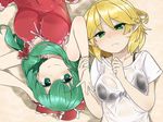  arm_holding bangs bare_arms black_bikini_top blonde_hair blush bow breasts closed_mouth eyebrows_visible_through_hair front_ponytail green_eyes hair_between_eyes hair_bow hand_on_another's_arm highres kagiyama_hina long_hair looking_at_viewer lying medium_breasts mizuhashi_parsee multiple_girls nose_blush on_back pointy_ears red_bow rotational_symmetry see-through shirt short_hair short_sleeves sleeveless smile touhou tyouseki upper_body upside-down wet wet_clothes wet_shirt white_shirt 