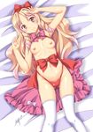  arm_up ass_visible_through_thighs bed_sheet blonde_hair blush bow bowtie breasts brown_eyes cameltoe closed_mouth commentary_request dress dress_removed drill_hair eromanga_sensei gem gradient_hair hair_bow hairband hand_on_forehead hand_up long_hair looking_at_viewer mizushiro_takuya multicolored_hair navel nipples pink_bow pink_dress pink_hair pink_neckwear red_bow red_hairband red_swimsuit ringlets shiny shiny_skin sidelocks signature slingshot_swimsuit small_breasts smile solo stomach swimsuit thighhighs white_legwear yamada_elf 