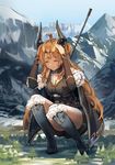  bad_id bad_pixiv_id bangs bangs_pinned_back belt bible_bullet blush breasts cleavage closed_eyes closed_mouth coat cowering day eyebrows_visible_through_hair fantasy fur_trim giantess hands_on_own_head highres horns huanxiang_heitu jewelry kneehighs large_breasts long_hair mountain necklace open_clothes open_coat outdoors sidelocks solo squatting thighs topknot two_side_up 