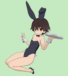  alternate_costume animal_ears black_bow black_footwear black_leotard black_neckwear bow bowtie breasts brown_eyes brown_hair bunny_ears bunny_tail bunnysuit closed_mouth detached_collar fake_animal_ears fake_tail frown girls_und_panzer green_background high_heels holding isobe_noriko kneeling leotard looking_at_viewer shoes short_hair simple_background small_breasts solo strapless strapless_leotard tail tray v wata_do_chinkuru wrist_cuffs 