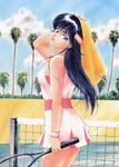  80s ayukawa_madoka black_hair cowboy_shot day drying hand_on_head headband highres holding kimagure_orange_road long_hair looking_at_viewer official_art oldschool outdoors palm_tree racket skirt sleeveless solo sweat takada_akemi tennis tennis_court tennis_dress tennis_net tennis_racket traditional_media tree watercolor_(medium) wristband 