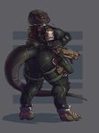  anthro big_breasts big_butt bodysuit breasts butt claws clothed clothing female footwear forked_tongue gun holster komodo_dragon lizard looking_at_viewer monitor_lizard ranged_weapon reptile rifle rube scalie shoes skinsuit straps thick_thighs tight_clothing tongue tonue_out weapon wide_hips 