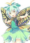  :d antennae bangs blue_hair blush butterfly_wings commentary_request cowboy_shot dress eternity_larva eyebrows_visible_through_hair green_dress green_skirt hair_between_eyes hair_ornament head_tilt leaf leaf_hair_ornament looking_at_viewer open_mouth outstretched_arms short_hair simple_background skirt sleeveless sleeveless_dress smile solo spread_arms standing suichuu_hanabi touhou white_background wings yellow_eyes yellow_wings 
