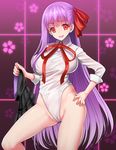  bb_(fate)_(all) bb_(fate/extra_ccc) black_skirt breasts cameltoe commentary_request contrapposto cowboy_shot fate/extra fate/extra_ccc fate_(series) hair_ribbon highleg highleg_leotard large_breasts leotard long_hair long_sleeves looking_at_viewer neck_ribbon parted_lips purple_hair red_eyes red_ribbon ribbon skirt skirt_removed smile solo standing very_long_hair white_leotard youshuu 