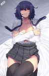  artist_name bangs bed_sheet black_hair black_legwear black_neckwear black_skirt blush breasts cleavage collarbone collared_shirt crossed_arms dress_shirt eyebrows_visible_through_hair from_above groin hair_between_eyes hands_up indoors jjune long_sleeves looking_at_viewer lying medium_breasts miniskirt necktie no_bra on_back open_clothes open_shirt original parted_lips pink_lips pleated_skirt school_uniform shirt short_hair skirt smile solo teeth thighhighs undone_necktie white_shirt 