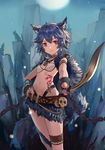  animal_ears bad_id bad_pixiv_id belt bible_bullet bikini_top blue_hair breasts chain choker cuffs earrings hand_on_hip highres huanxiang_heitu jewelry looking_at_viewer nail_polish navel necklace outdoors parted_lips pink_eyes pointing_weapon saber_(weapon) shackles short_hair skirt skull slit_pupils small_breasts solo sword tattoo thigh_strap watermark weapon white_bikini_top 