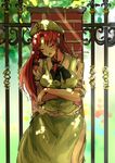  beret blush bow bowtie braid brick chinese_clothes closed_eyes cowboy_shot crossed_arms day eyebrows_visible_through_hair fence hair_bow hat highres hong_meiling kourou_(kouroukun) light_rays long_hair open_mouth outdoors red_hair short_sleeves sketch sleeping sleeping_upright solo standing star sunbeam sunlight touhou twin_braids vest wing_collar 