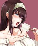  bare_shoulders blue_eyes blush breasts brown_hair food hairband highres idolmaster idolmaster_cinderella_girls large_breasts long_hair off-shoulder_sweater open_mouth popsicle ribbed_sweater ryuu. sagisawa_fumika solo sweatdrop sweater teeth tongue tongue_out 
