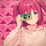 aqua_eyes bangs blurry blurry_background camera commentary_request heart heart_background holding holding_camera kurosawa_ruby long_sleeves looking_at_viewer love_live! love_live!_sunshine!! pink_background red_hair siva_(executor) smile solo two_side_up upper_body 