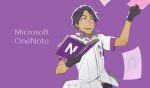  1boy black_gloves copyright_name dark_skin dark_skinned_male gloves lavender_eyes male_focus microsoft_office microsoft_onenote open_mouth papers personification purple_background purple_hair rosel-d short_sleeves simple_background smile solo upper_body 