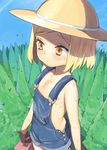  blonde_hair blush brown_hair fate/grand_order fate_(series) flat_chest forest giantess hat henry_bird_9 naked_overalls nature orange_eyes overalls paul_bunyan_(fate/grand_order) short_hair solo sweat 