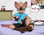  &lt;3 barefoot bed bedroom big_ears black_nose blonde_hair blue_eyes blush brown_fur brown_hair clothed clothing cub detailed_background digimon dildo fur hair human mammal nintendo open_mouth pok&eacute;ball pok&eacute;mon poster raccoon sex_toy short_hair sitting suggestive tongue veemon video_games winterfox young 