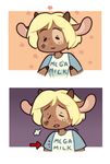  &lt;3 2017 anthro blonde_hair blush bovine clothed clothing comic digital_media_(artwork) english_text eyes_closed fan_character female fur hair horn mammal mary_(neboone) mega_milk meme multicolored_fur neboone open_mouth sad shirt sigh simple_background smile solo standing sweat text 