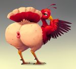  anus avian big_butt big_lips bird black_feathers brown_eyes butt feathers huge_butt lips looking_back miitopia nintendo open_mouth pink_lips presenting presenting_hindquarters rear_view red_feathers simple_background smile talons tan_feathers turkey twerkey video_games 