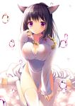  animal_ears bangs barefoot black_hair blush breasts cleavage closed_mouth commentary_request dress final_fantasy final_fantasy_xiv hand_up large_breasts long_hair looking_at_viewer minatsuki_alumi miqo'te pelvic_curtain ponytail purple_eyes sidelocks sitting sleeves_past_wrists solo tareme thighhighs thighs toeless_legwear wariza water_drop white_dress white_legwear 