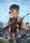  arm_up bad_id bad_pixiv_id bangs bangs_pinned_back belt bible_bullet blonde_hair blush breasts closed_eyes detached_sleeves eyebrows_visible_through_hair giantess hand_up highres holding holding_weapon huanxiang_heitu large_breasts long_hair loose_belt open_mouth pelvic_curtain polearm rock sidelocks solo spear standing topknot two_side_up weapon 