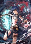  animal_ears bad_id bad_pixiv_id bangs bible_bullet blue_hair bracelet closed_mouth earrings fire fur_trim highres holding holding_weapon huanxiang_heitu jewelry long_hair looking_at_viewer midriff nail_polish navel purple_eyes red_nails solo thigh_strap weapon white_bikini_top 