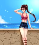  armpits brown_hair day highres jewelry lens_flare midriff miyamoto_ruri nisekoi ocean open_mouth outdoors ponytail ring scrunchie short_shorts shorts sky smile solo sunglasses twrlare wedding_ring 