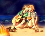  acoustic_guitar ahoge ajie_(changemyself) ankle_socks bangs beach bow braid closed_eyes commentary crossed_ankles face-to-face fire green_jacket grey_hair grin guitar hair_bow holding holding_instrument hood hooded_jacket instrument jacket kneehighs knees_up love_live! love_live!_sunshine!! multiple_girls neck_ribbon night night_sky ocean orange_hair ribbon sand shoes short_sleeves shorts side_braid sitting sitting_on_ground sky smile suspenders takami_chika watanabe_you white_ribbon yellow_bow yuri 
