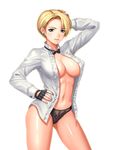  &gt;:) black_gloves black_panties blonde_hair blue_eyes breasts center_opening closed_mouth commentary cowboy_shot dress_shirt ear_piercing fingerless_gloves gloves hand_on_hip highres king_(snk) large_breasts looking_at_viewer no_bra open_clothes open_shirt panties piercing shirt short_hair smile solo the_king_of_fighters turna98 underwear v-shaped_eyebrows white_shirt 